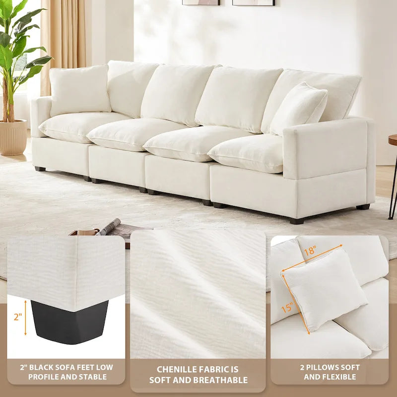 White 84  Modular Chenille 4-Seat Sectional Sofa Set with Removable Cushions and 2 Pillows, Perfect for Small Spaces