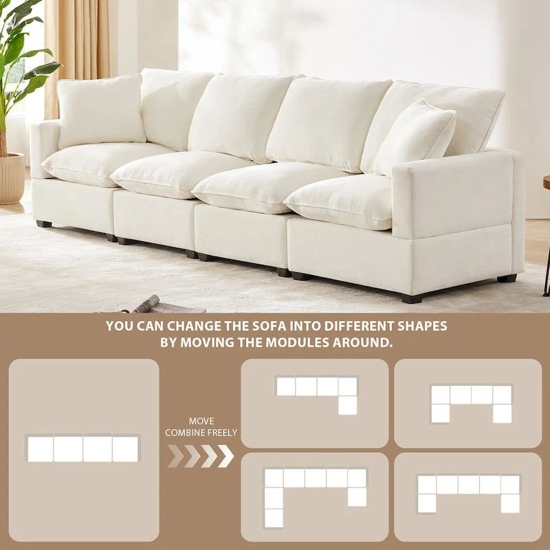 White 84  Modular Chenille 4-Seat Sectional Sofa Set with Removable Cushions and 2 Pillows, Perfect for Small Spaces