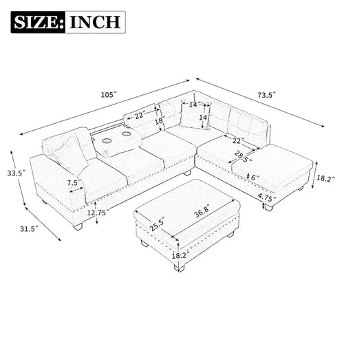 105  L-Shaped 7-Seater Modern Sofa with Storage Ottoman