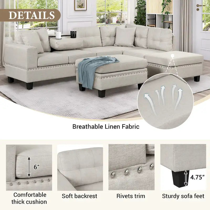 105  L-Shaped 7-Seater Modern Sofa with Storage Ottoman