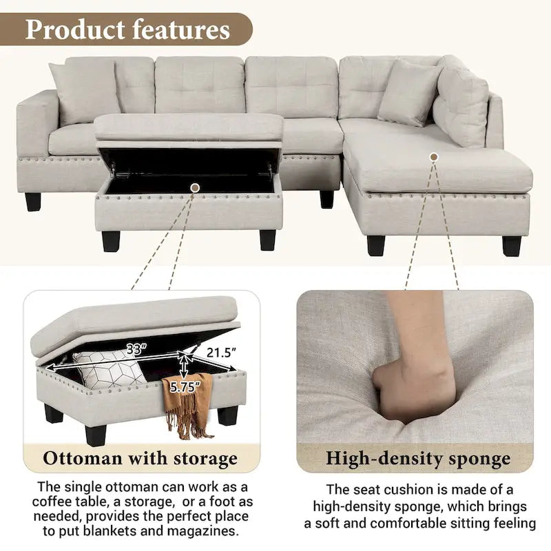 105  L-Shaped 7-Seater Modern Sofa with Storage Ottoman