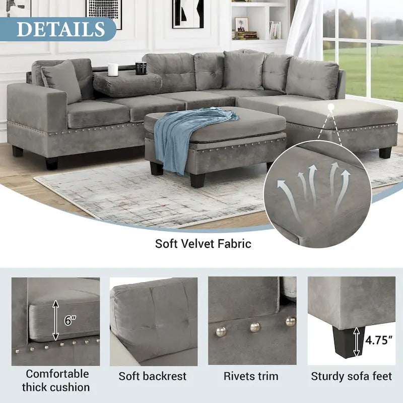 105  L-Shaped 7-Seater Modern Sofa with Storage Ottoman