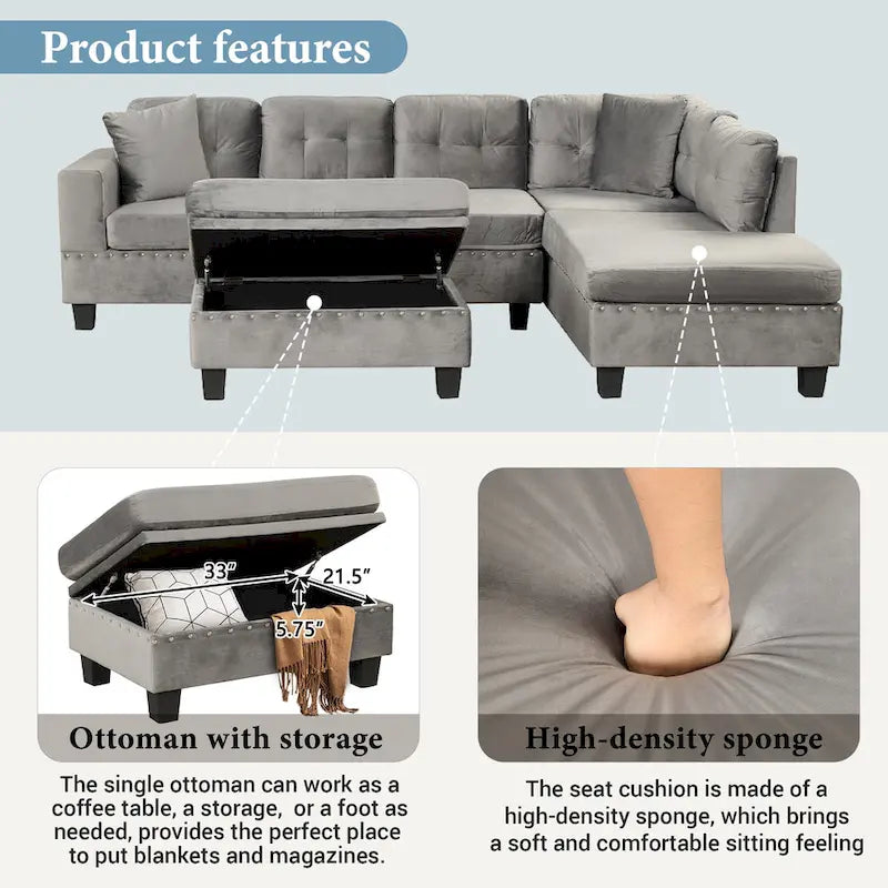 105  L-Shaped 7-Seater Modern Sofa with Storage Ottoman