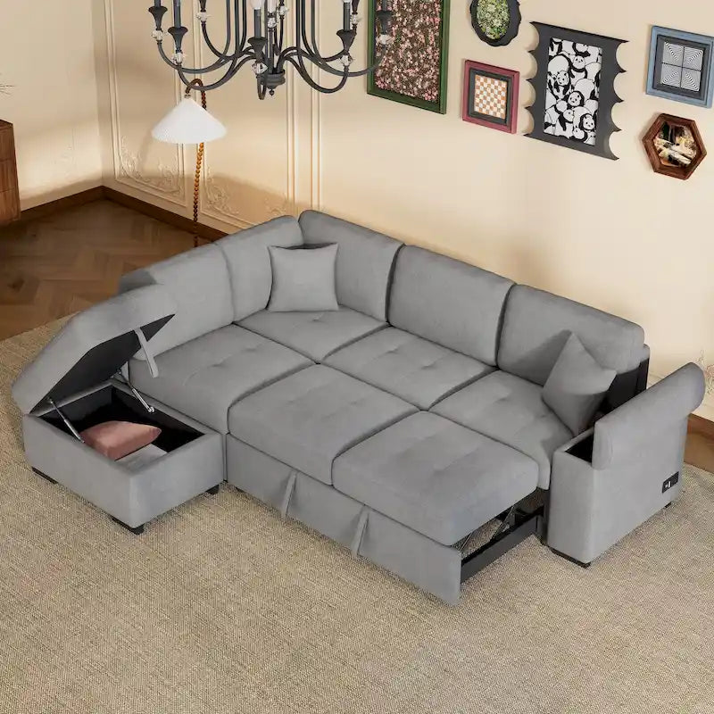 84.75  L-Shaped 5-Seat Sleeper Sectional Sofa with Storage Ottoman, Hidden Arm Storage, and USB Charging for Living Room