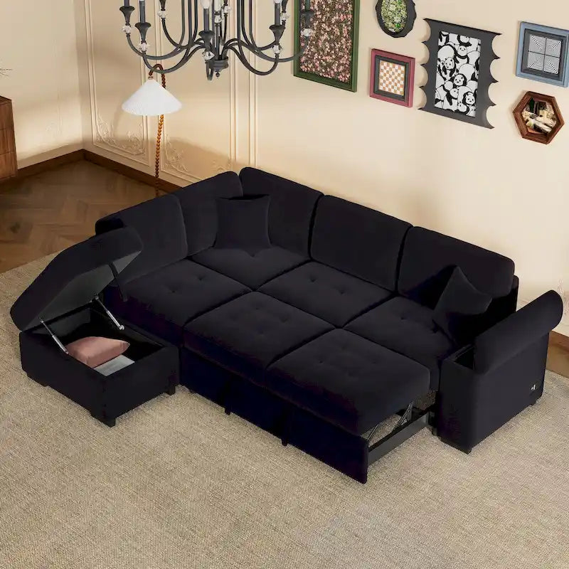 84.75  L-Shaped 5-Seat Sleeper Sectional Sofa with Storage Ottoman, Hidden Arm Storage, and USB Charging for Living Room