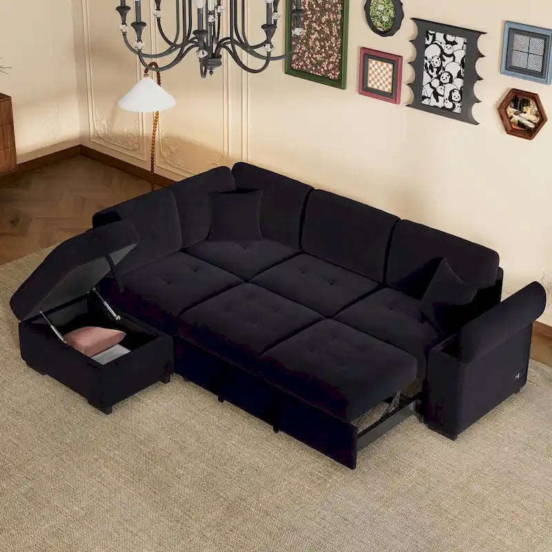 84.75  L-Shaped 5-Seat Sleeper Sectional Sofa with Storage Ottoman, Hidden Arm Storage, and USB Charging for Living Room