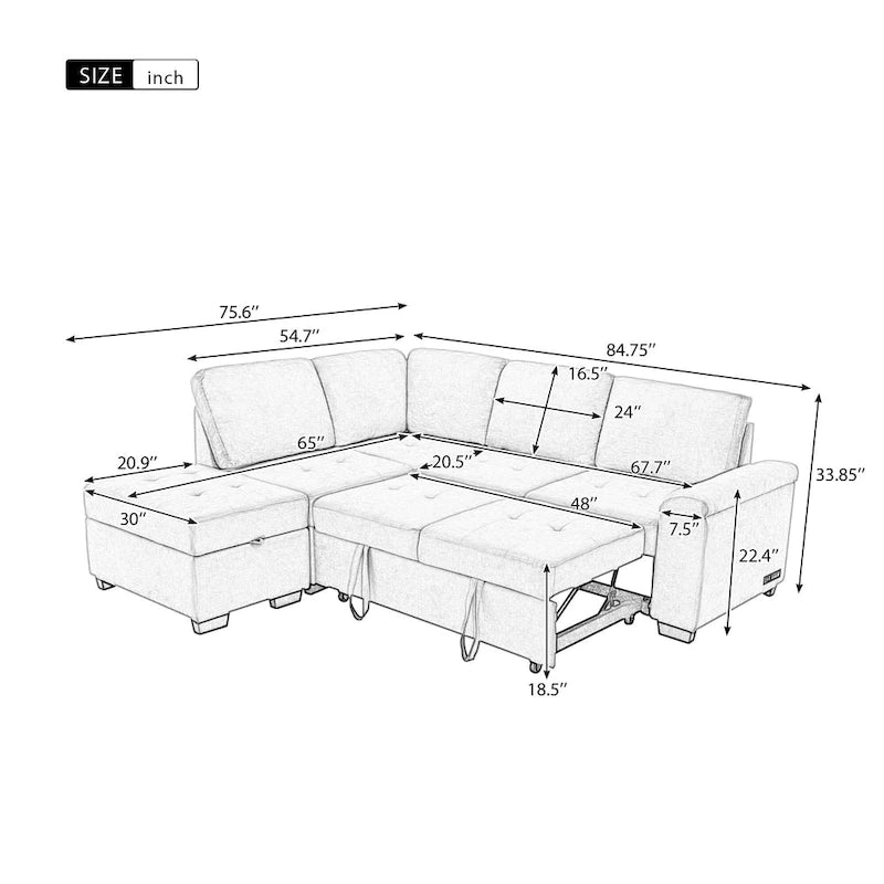 84.75  L-Shaped 5-Seat Sleeper Sectional Sofa with Storage Ottoman, Hidden Arm Storage, and USB Charging for Living Room