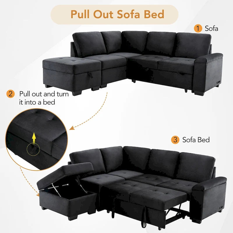 84.75  L-Shaped 5-Seat Sleeper Sectional Sofa with Storage Ottoman, Hidden Arm Storage, and USB Charging for Living Room