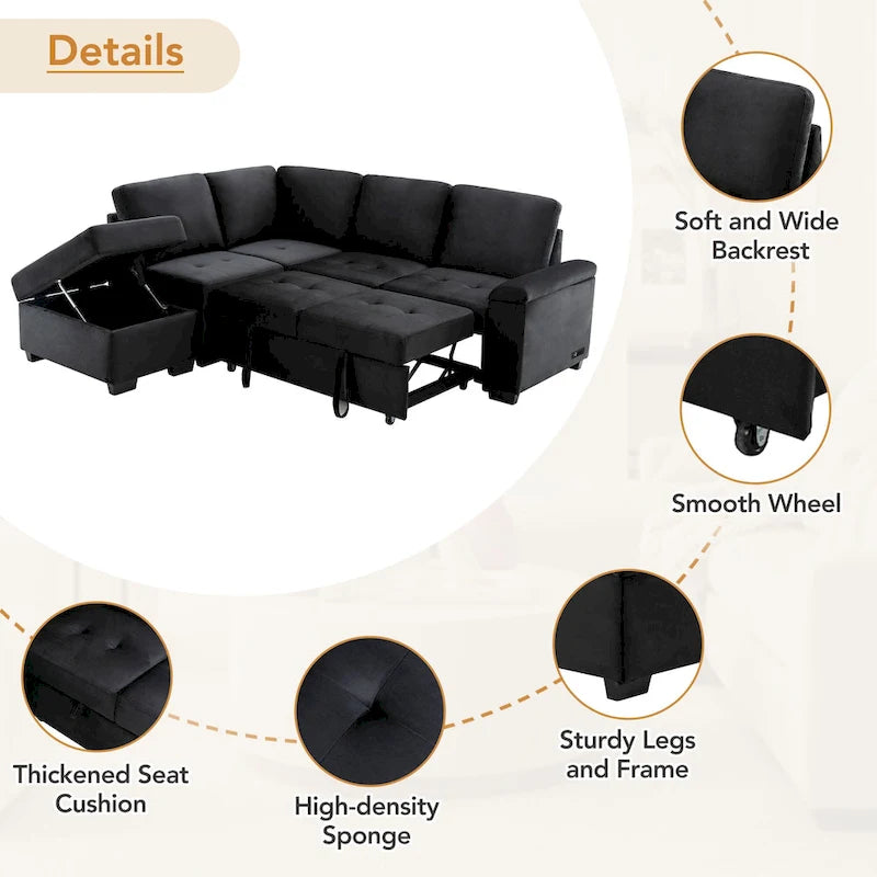 84.75  L-Shaped 5-Seat Sleeper Sectional Sofa with Storage Ottoman, Hidden Arm Storage, and USB Charging for Living Room