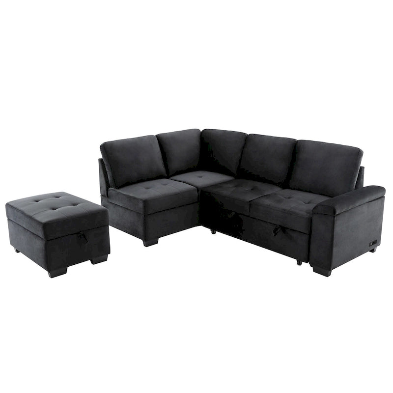 84.75  L-Shaped 5-Seat Sleeper Sectional Sofa with Storage Ottoman, Hidden Arm Storage, and USB Charging for Living Room