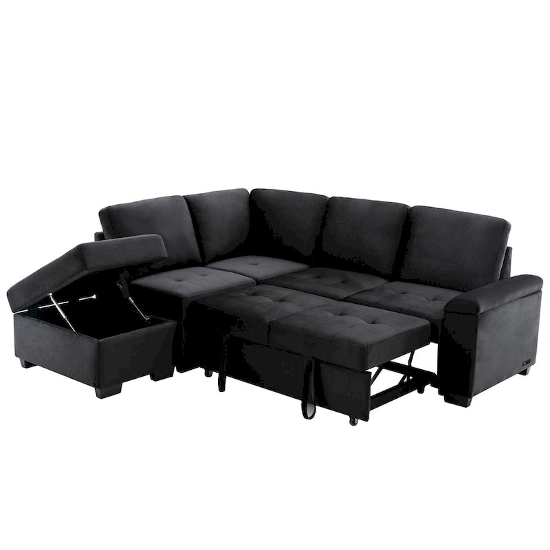 84.75  L-Shaped 5-Seat Sleeper Sectional Sofa with Storage Ottoman, Hidden Arm Storage, and USB Charging for Living Room