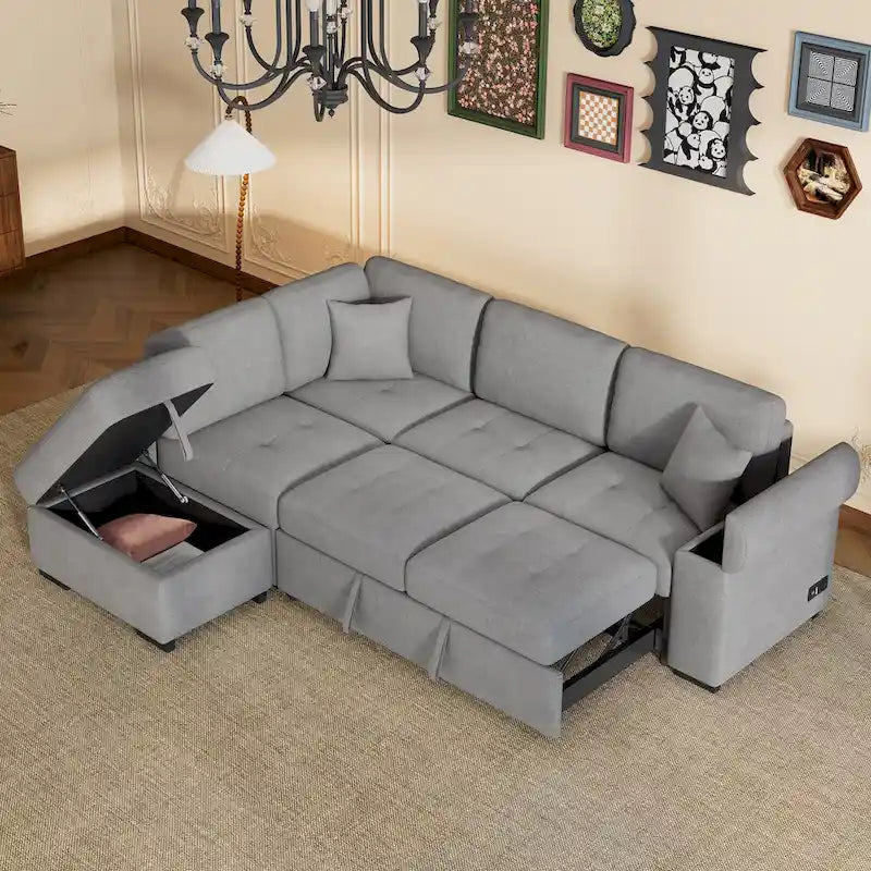 84.75  L-Shaped 5-Seat Sleeper Sectional Sofa with Storage Ottoman, Hidden Arm Storage, and USB Charging for Living Room