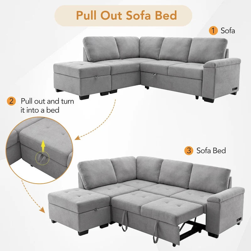 84.75  L-Shaped 5-Seat Sleeper Sectional Sofa with Storage Ottoman, Hidden Arm Storage, and USB Charging for Living Room