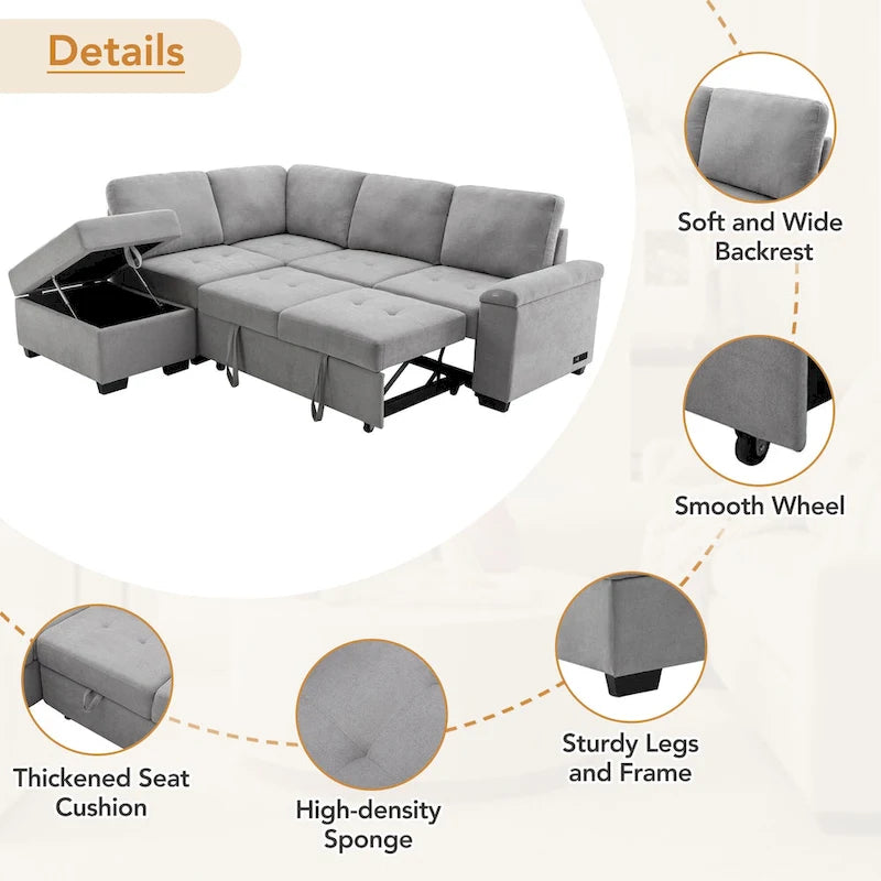 84.75  L-Shaped 5-Seat Sleeper Sectional Sofa with Storage Ottoman, Hidden Arm Storage, and USB Charging for Living Room