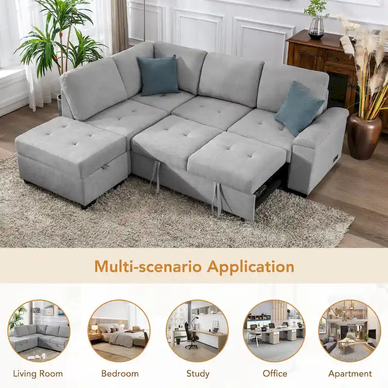 84.75  L-Shaped 5-Seat Sleeper Sectional Sofa with Storage Ottoman, Hidden Arm Storage, and USB Charging for Living Room