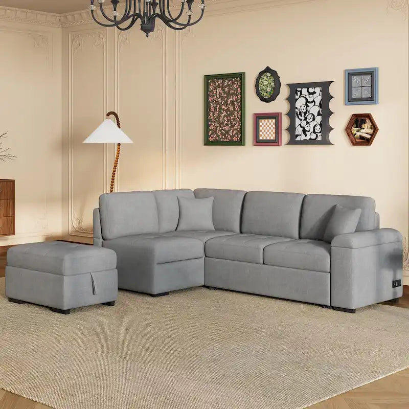 84.75  L-Shaped 5-Seat Sleeper Sectional Sofa with Storage Ottoman, Hidden Arm Storage, and USB Charging for Living Room