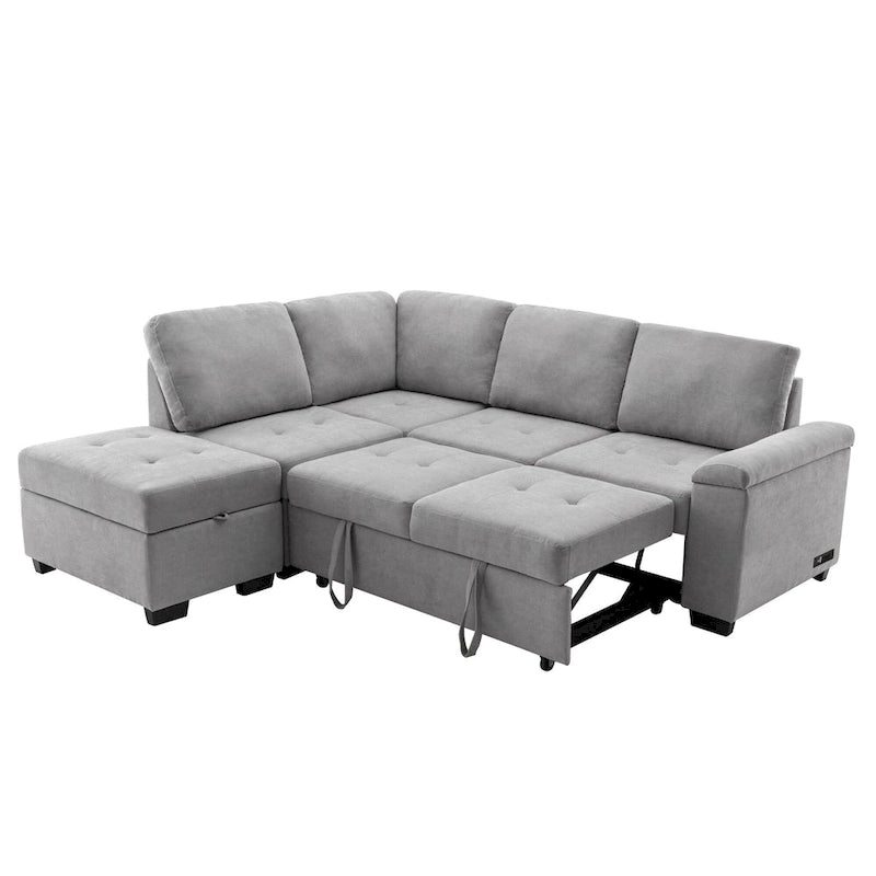 84.75  L-Shaped 5-Seat Sleeper Sectional Sofa with Storage Ottoman, Hidden Arm Storage, and USB Charging for Living Room
