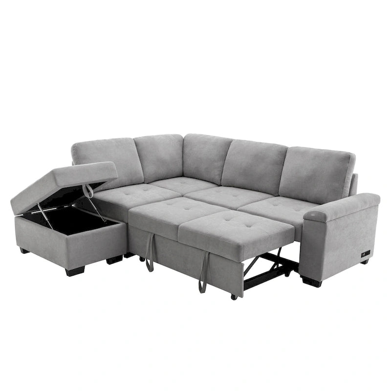 84.75  L-Shaped 5-Seat Sleeper Sectional Sofa with Storage Ottoman, Hidden Arm Storage, and USB Charging for Living Room