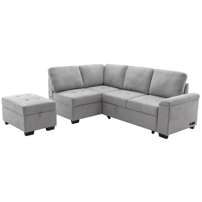84.75  L-Shaped 5-Seat Sleeper Sectional Sofa with Storage Ottoman, Hidden Arm Storage, and USB Charging for Living Room