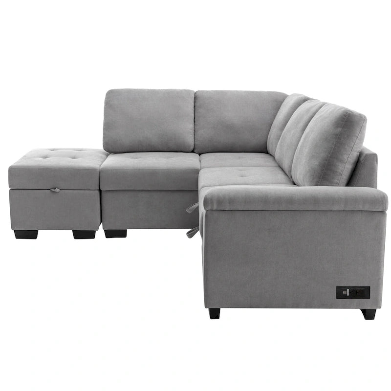 84.75  L-Shaped 5-Seat Sleeper Sectional Sofa with Storage Ottoman, Hidden Arm Storage, and USB Charging for Living Room