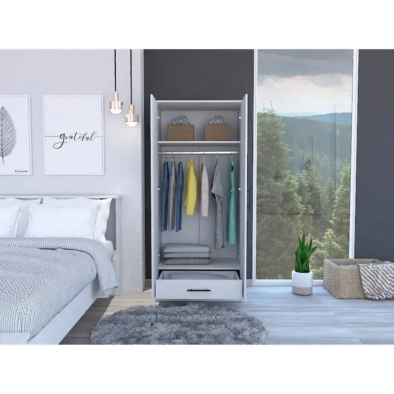 19.7  Modern Double-door Armoire with Two Shelves and One Drawer for Bedroom