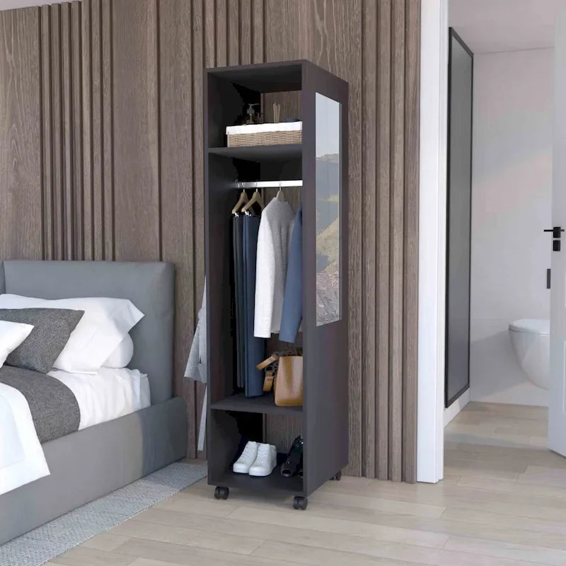 16  Modern One-Door Armoire with Three Shelves, Casters and Hanging Rod for Bedroom