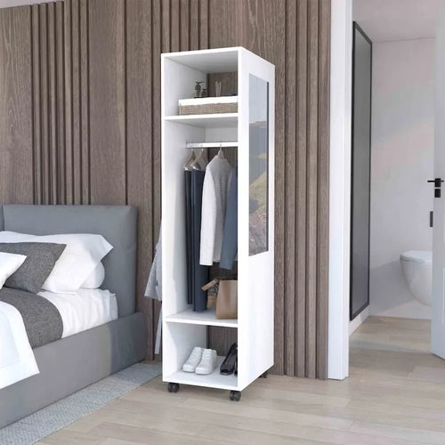 16  Modern One-Door Armoire with Three Shelves, Casters and Hanging Rod for Bedroom