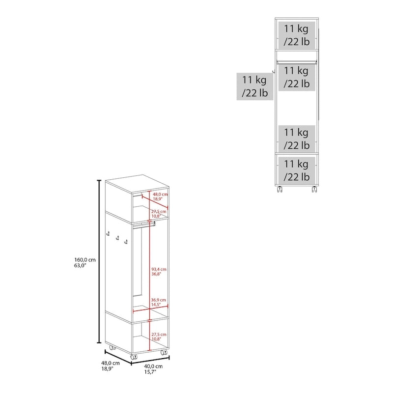16  Modern One-Door Armoire with Three Shelves, Casters and Hanging Rod for Bedroom