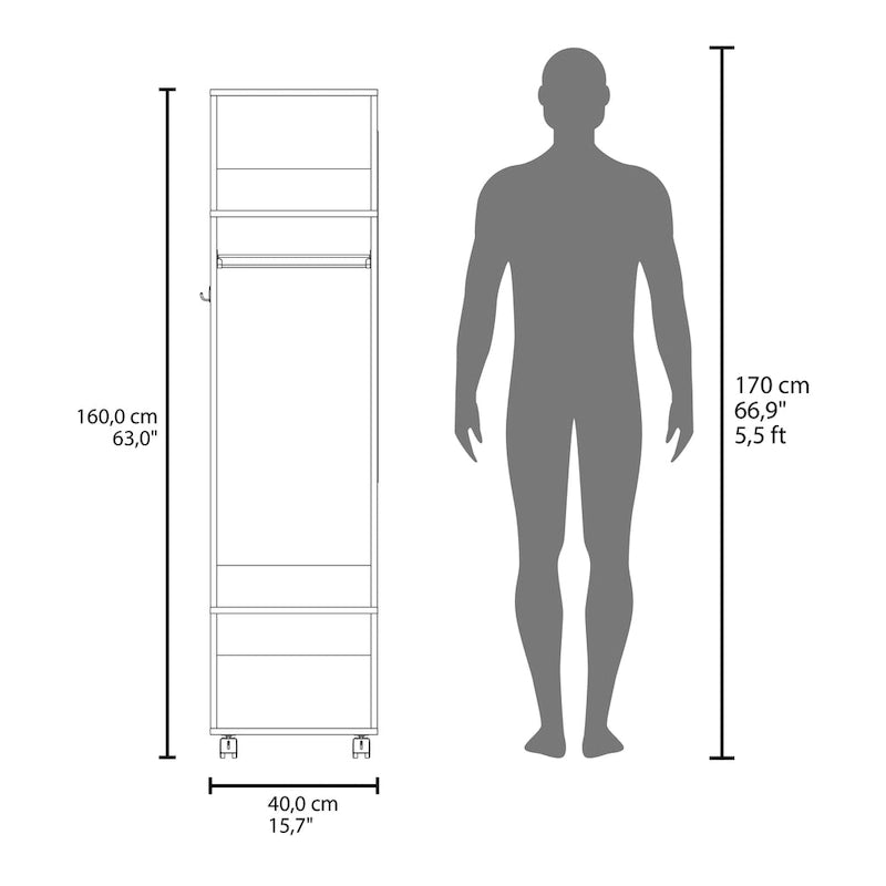 16  Modern One-Door Armoire with Three Shelves, Casters and Hanging Rod for Bedroom