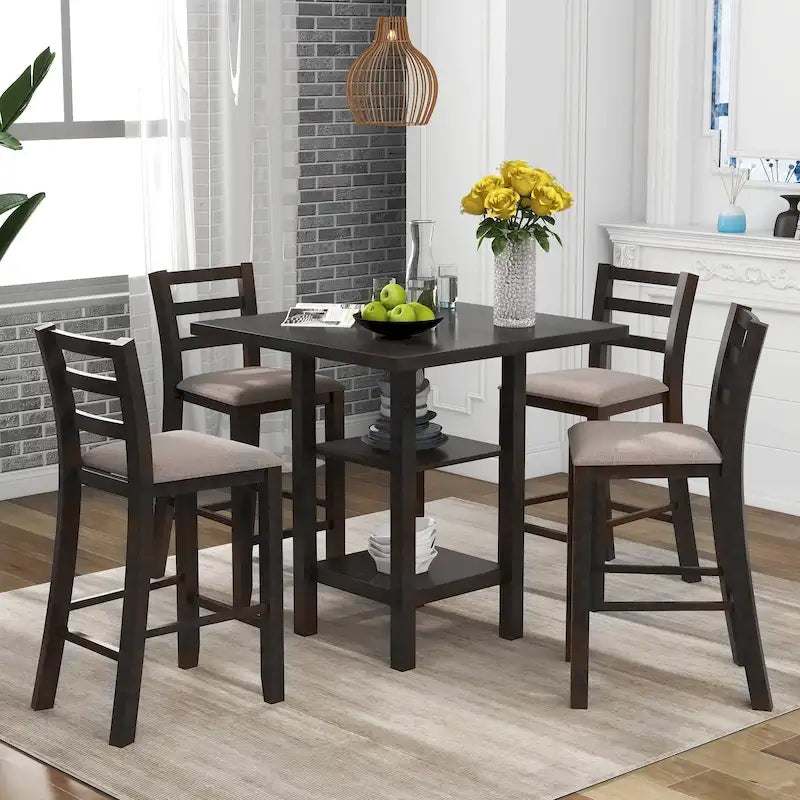 5-Piece Counter Height Wooden Dining Table Set with 4 Chairs & Storage