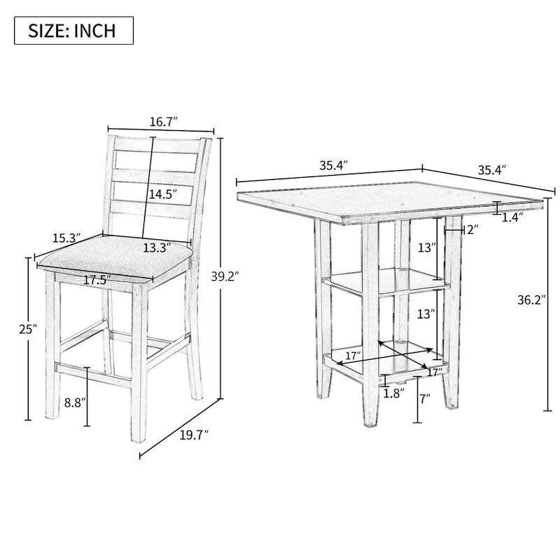 5-Piece Counter Height Wooden Dining Table Set with 4 Chairs & Storage