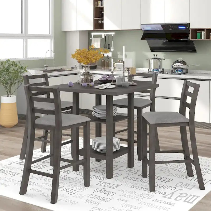 5-Piece Counter Height Wooden Dining Table Set with 4 Chairs & Storage
