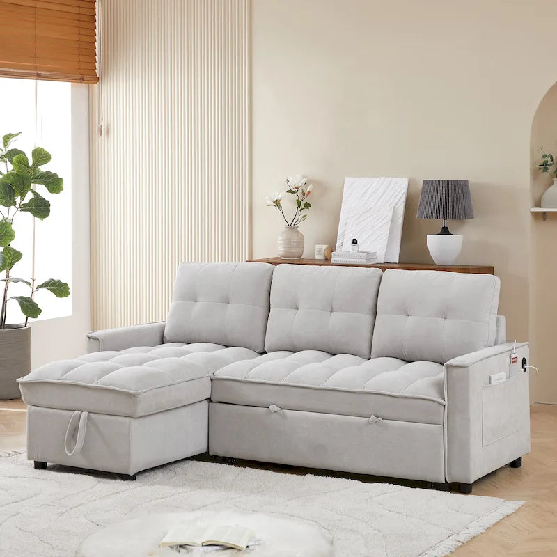 78.75  Chenille Pull-Out L-Shaped Sofa Bed with Charging Ports