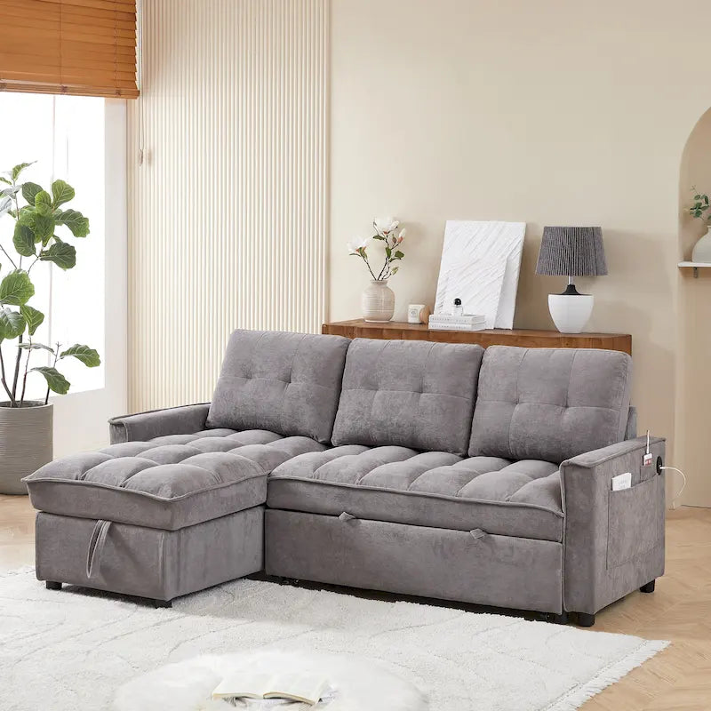 78.75  Chenille Pull-Out L-Shaped Sofa Bed with Charging Ports