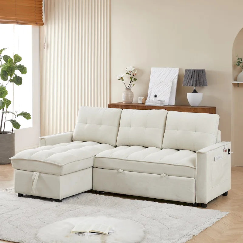 78.75  Chenille Pull-Out L-Shaped Sofa Bed with Charging Ports