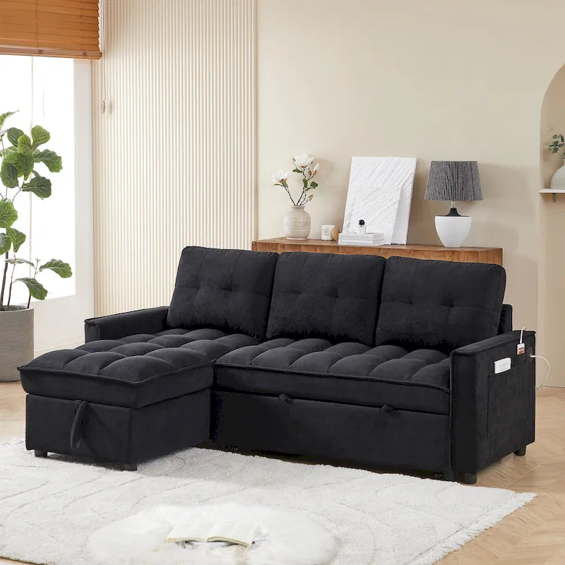 78.75  Chenille Pull-Out L-Shaped Sofa Bed with Charging Ports