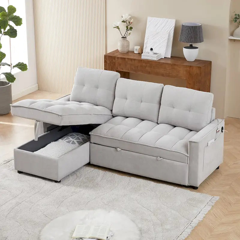 78.75  Chenille Pull-Out L-Shaped Sofa Bed with Charging Ports