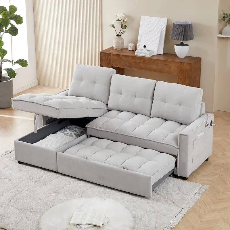 78.75  Chenille Pull-Out L-Shaped Sofa Bed with Charging Ports