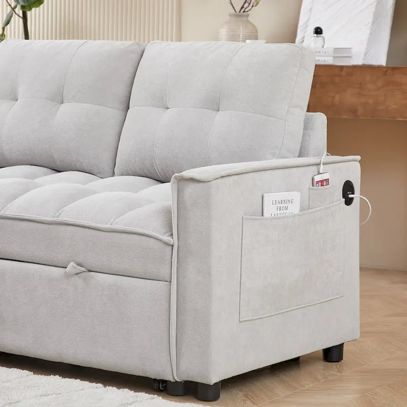 78.75  Chenille Pull-Out L-Shaped Sofa Bed with Charging Ports