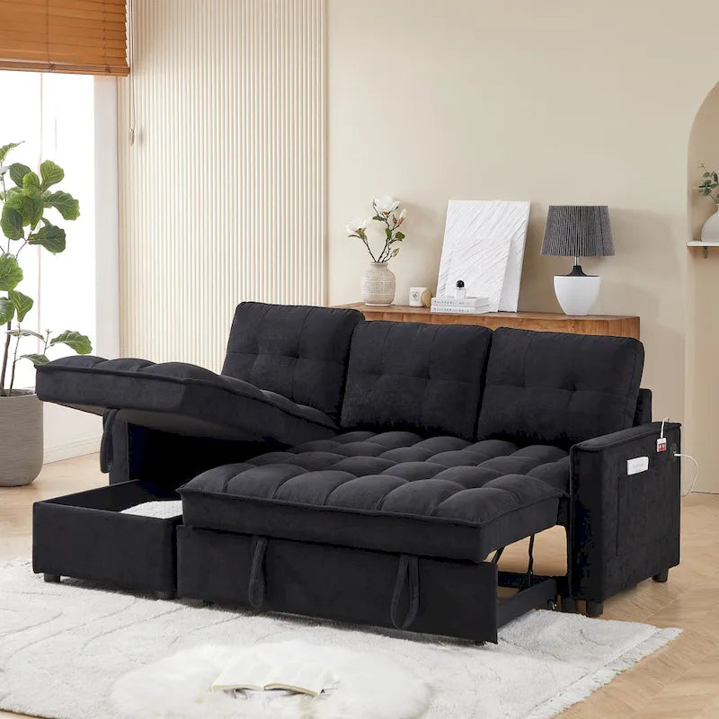 78.75  Chenille Pull-Out L-Shaped Sofa Bed with Charging Ports