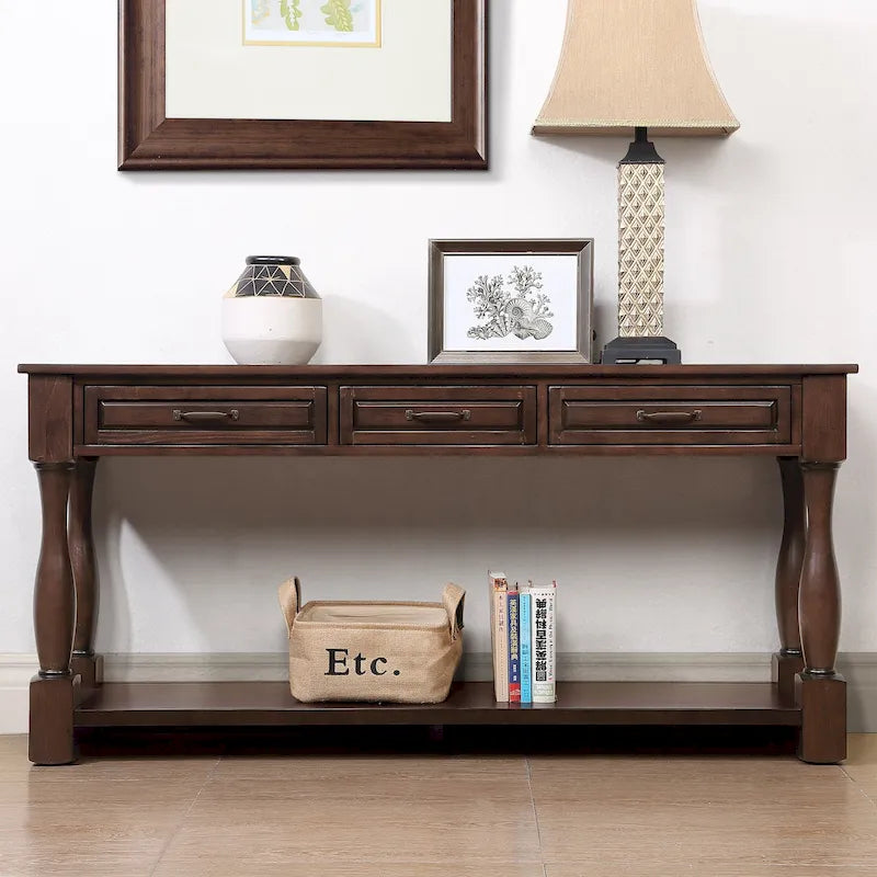 Long Wood Console Table with 3 Drawers and 1 Bottom Shelf