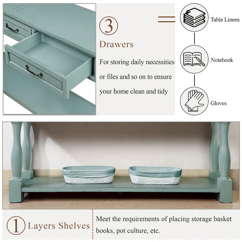 Long Wood Console Table with 3 Drawers and 1 Bottom Shelf