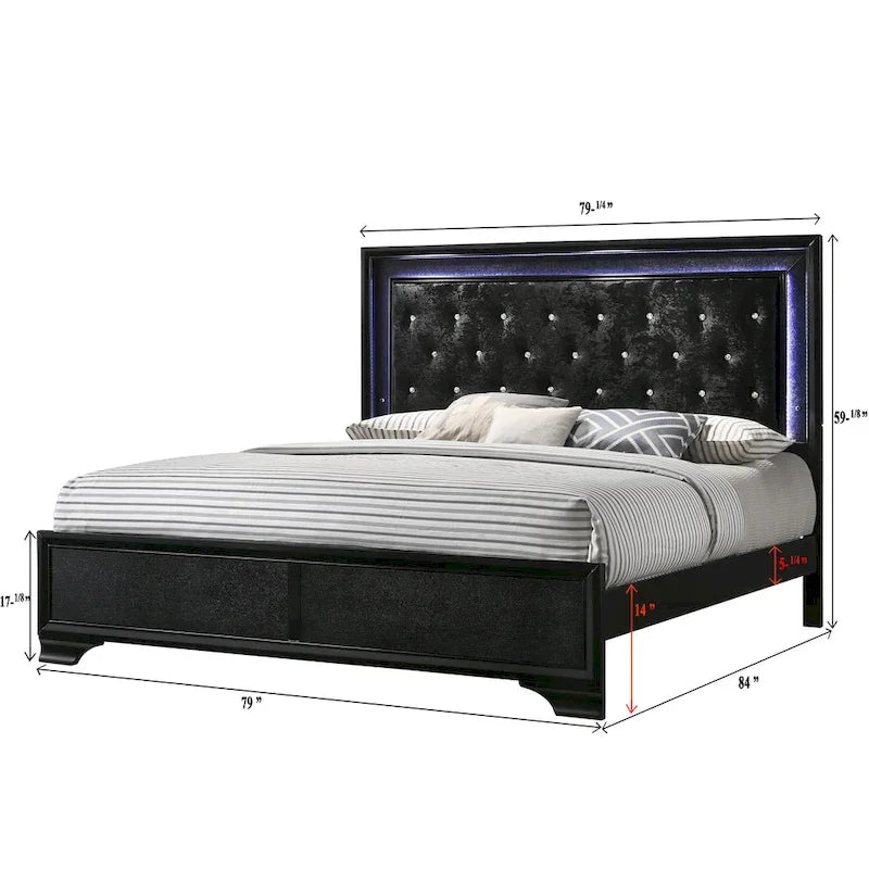 Nathalie 4 Piece Black LED Fabric Upholstered Tufted Panel Bedroom Set
