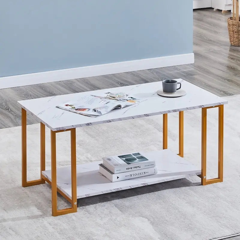 39.37  L MDF Rectangle Tabletop Iron Coffee Table , Dining Room, Coffee Shop, Resterant, White Top, Gold Leg