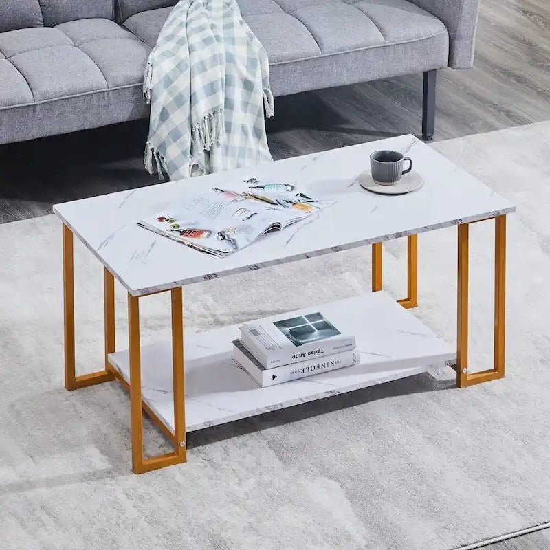39.37  L MDF Rectangle Tabletop Iron Coffee Table , Dining Room, Coffee Shop, Resterant, White Top, Gold Leg