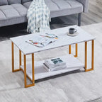 39.37  L MDF Rectangle Tabletop Iron Coffee Table , Dining Room, Coffee Shop, Resterant, White Top, Gold Leg