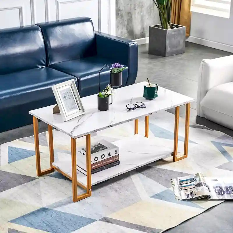 39.37  L MDF Rectangle Tabletop Iron Coffee Table , Dining Room, Coffee Shop, Resterant, White Top, Gold Leg