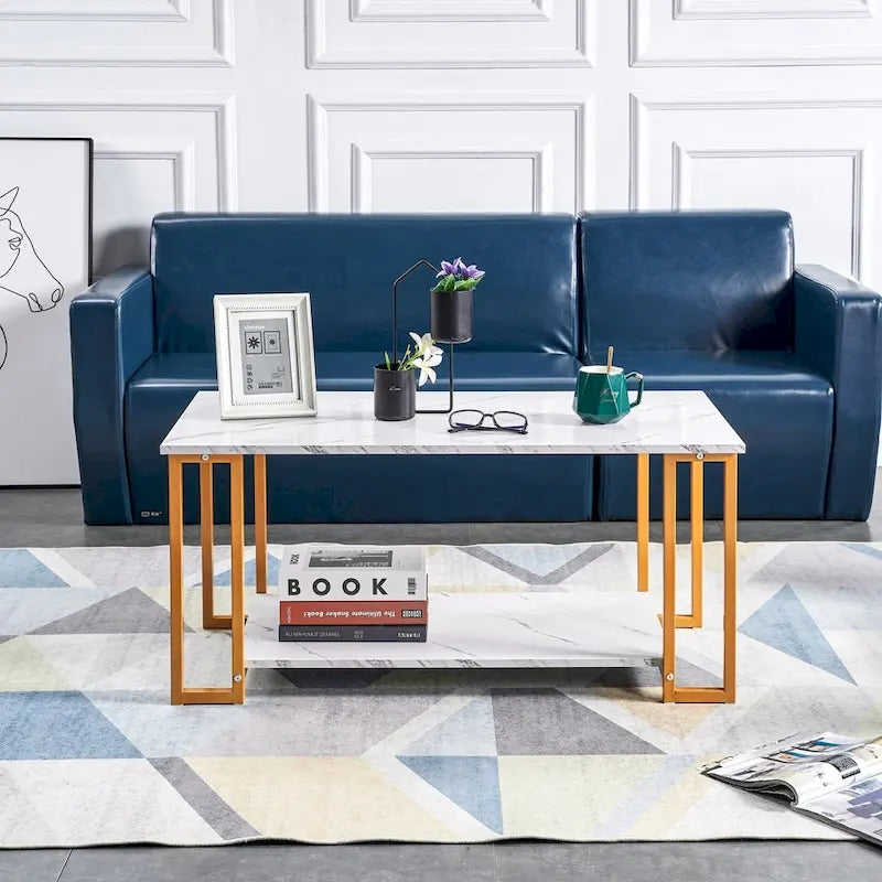 39.37  L MDF Rectangle Tabletop Iron Coffee Table , Dining Room, Coffee Shop, Resterant, White Top, Gold Leg