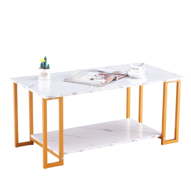 39.37  L MDF Rectangle Tabletop Iron Coffee Table , Dining Room, Coffee Shop, Resterant, White Top, Gold Leg