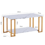 39.37  L MDF Rectangle Tabletop Iron Coffee Table , Dining Room, Coffee Shop, Resterant, White Top, Gold Leg